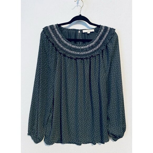LOFT Top Womens Large Gray Dotted Smocked MIxed Media Cottagecore Romantic Flowy - Picture 2 of 8